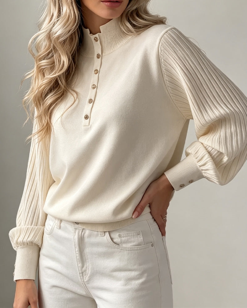 Pullover Kragtröja Knapp Ribbad Puffärm Tröja