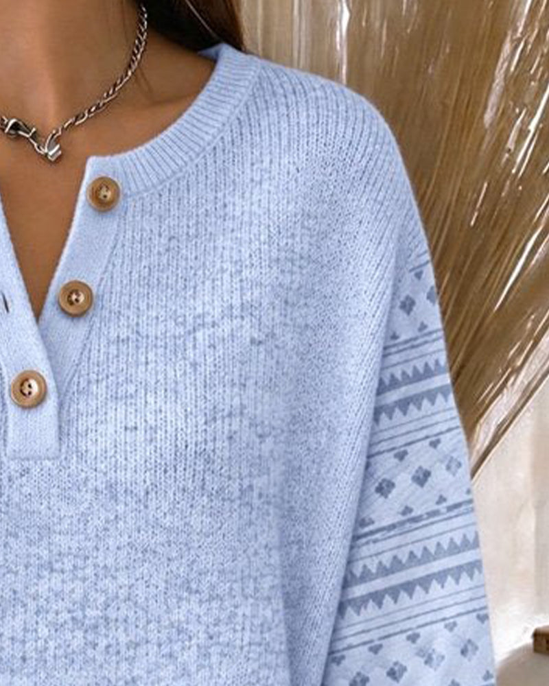Sweatshirt Rund Halsringning Knäppt Randig Lössittande