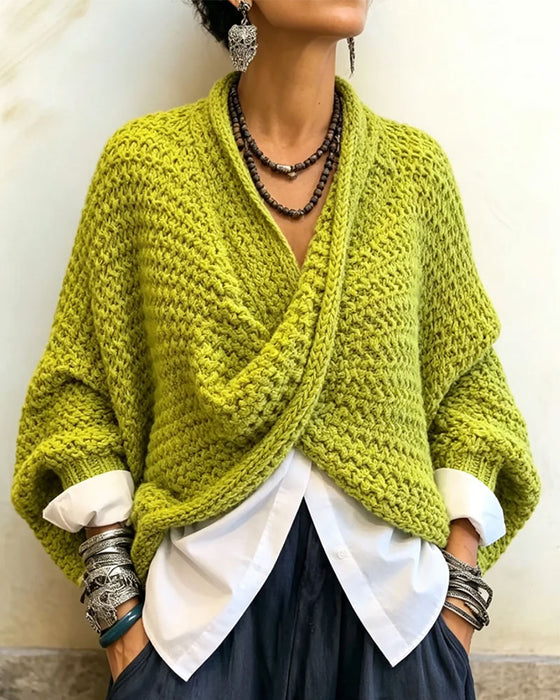 Pullover Grov V-Hals Twist Oregelbunden Stickad