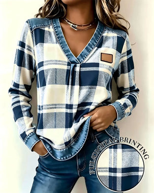 Topp V-Hals Rutig Denim Patchwork