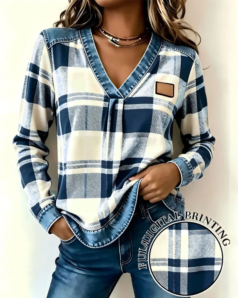 Topp V-Hals Rutig Denim Patchwork