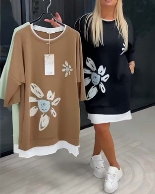 Sweatshirtklänning Rund Hals Tryckt Lappverk