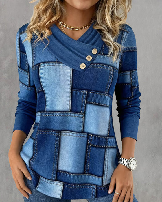 Långärmad Topp Med V-Ringning Och Kontrast I Enfärg