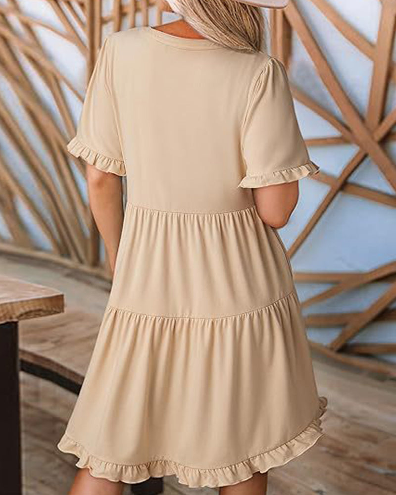 Klänning Rynkad Kant V-Ringning Lagerdelad Kant