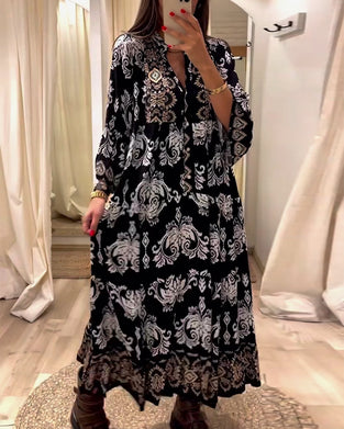 Vintage lös klänning med tryck och veckad