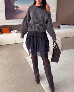 Avaxlad Lössittande Tröja & Spetsfåll Klänning