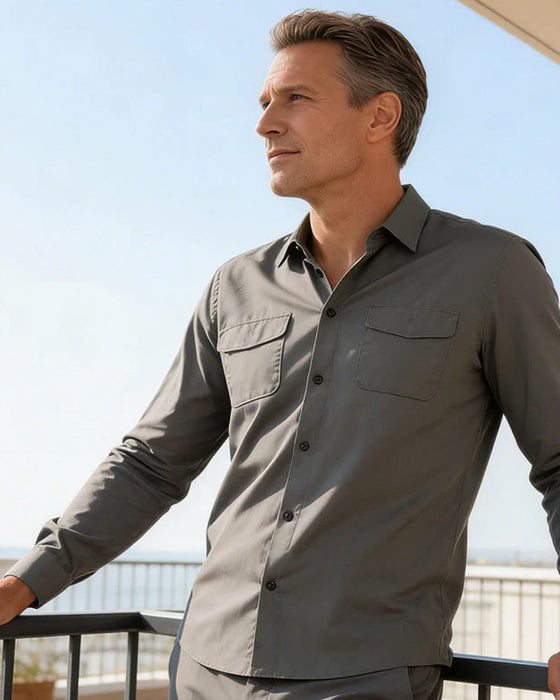 Herr 2-Delad Enfärgad Promenaddräkt - Lös Passform, Skrynkelbeständig, Snygg