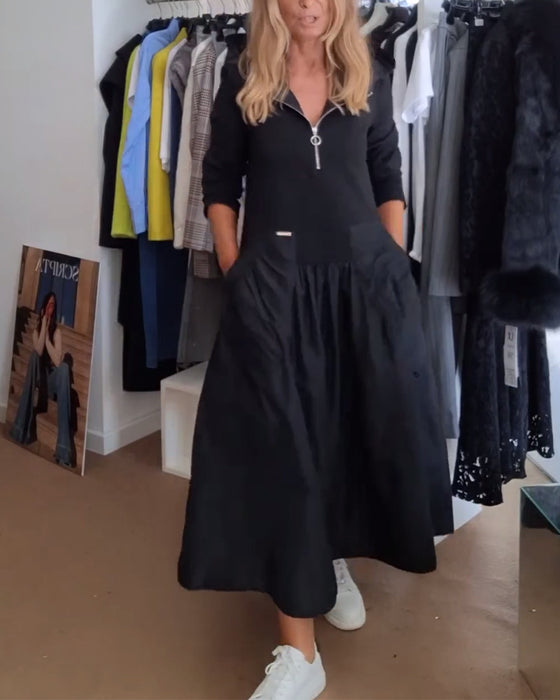 Klänning avslappnad dragkedja med huva och lappficka