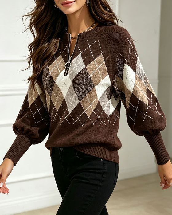 Tröja Rutmönster Jacquard Halv-Zip Lykta Ärm