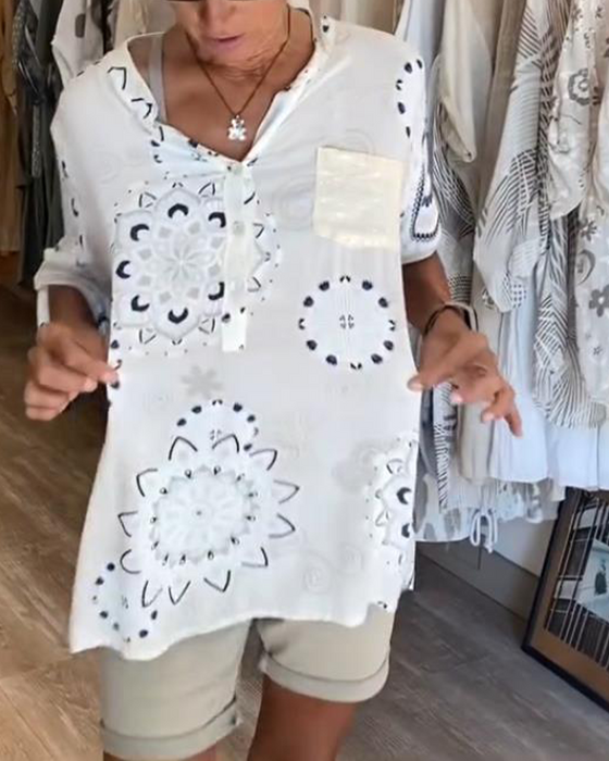 Blus Mångsidig V-Ringning Tryckt Halvlång Ärm