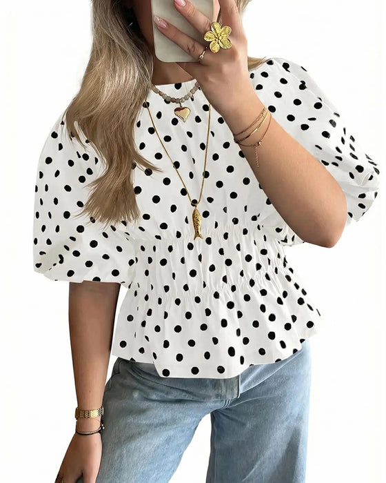 Blus Prickig Off-Shoulder Midjeknyt Bubbla Ärm