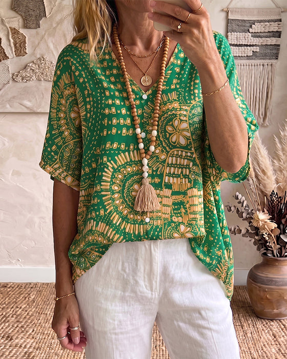 Blouse Etnisk Tryck V-Hals