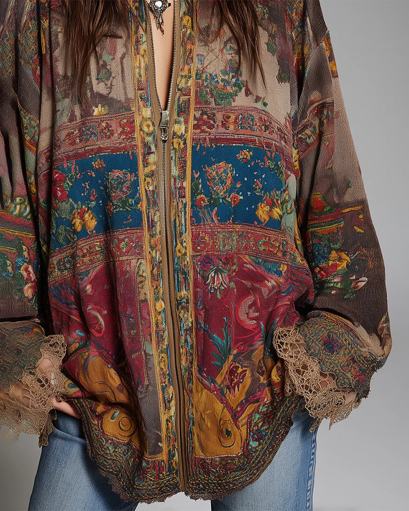 Blus Spetsinslag Blomtryck