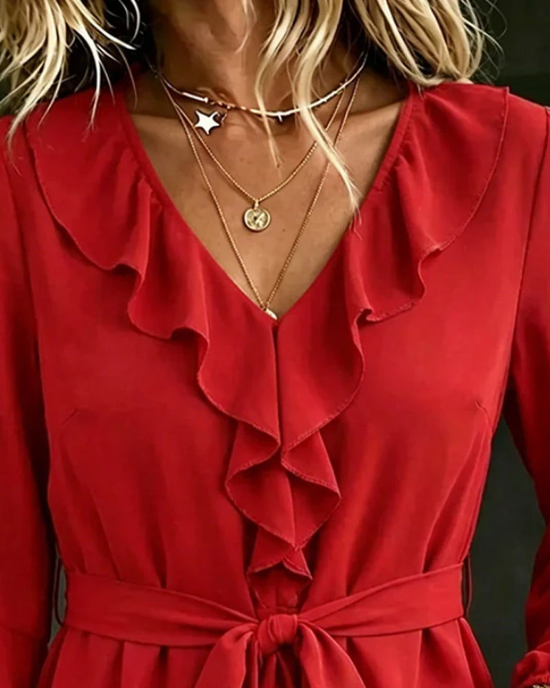 Blus V-Hals Ruffle Casual