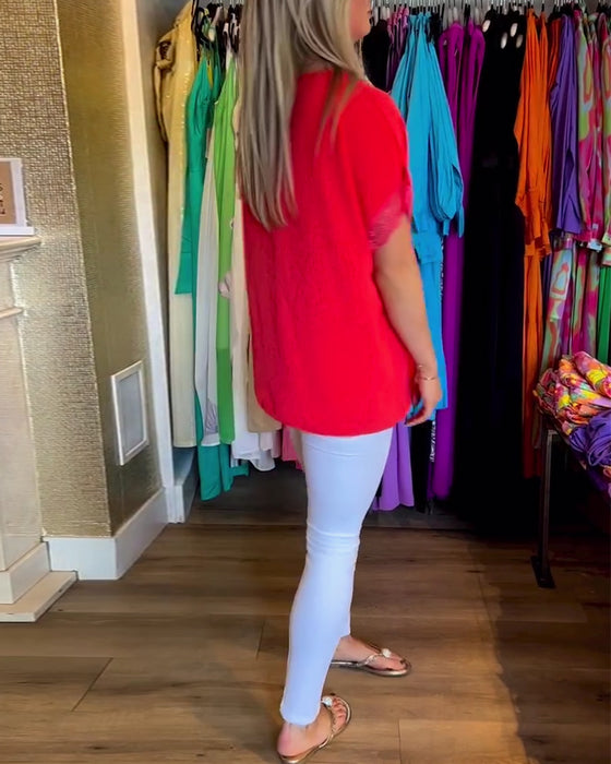 Skarvad spets v-ringad enfärgad topp