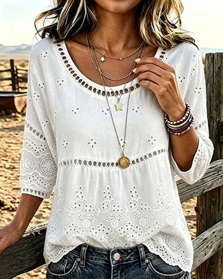 Blus Rundhalsad Hollow Out Solid
