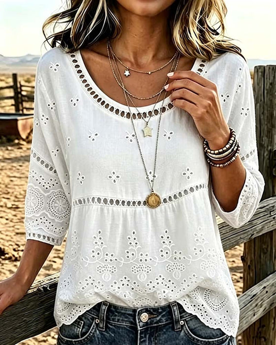Blus Rundhalsad Hollow Out Solid