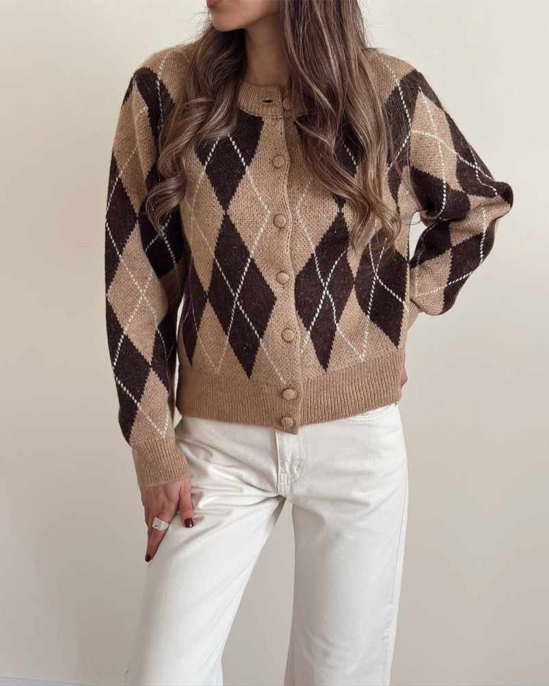 Cardigan Med Retro Stil, Argylemönster Och Stickad Textur