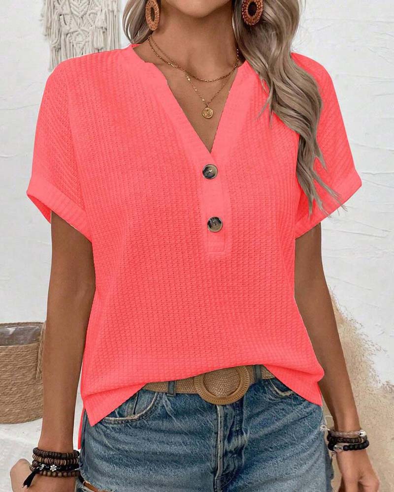 T-Shirt Våffla V-Hals Knapp