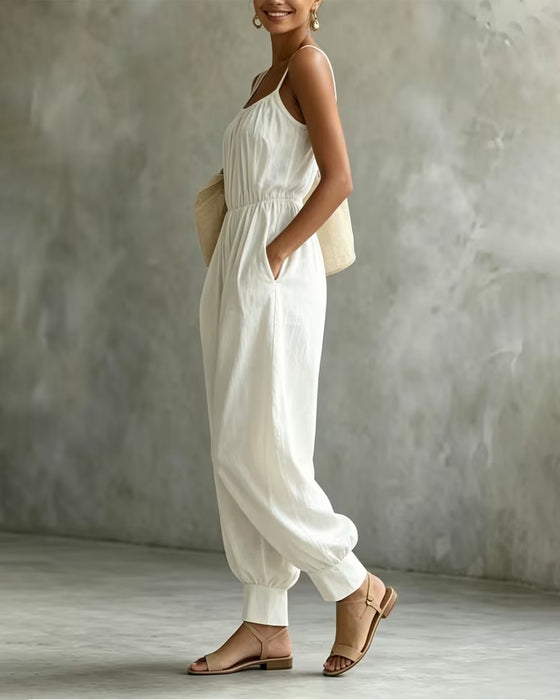 Jumpsuit Spagettiband Veckad Midjeknyt Bred Ben