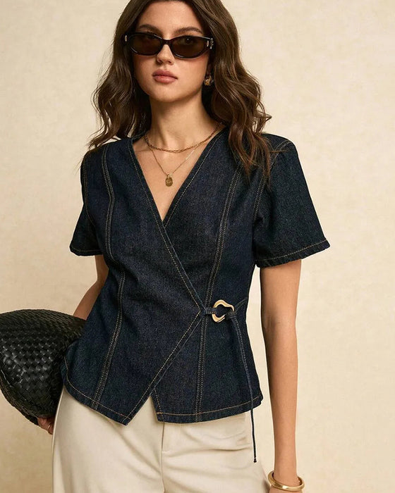 Blus Oregelbunden Lace-Up Denim