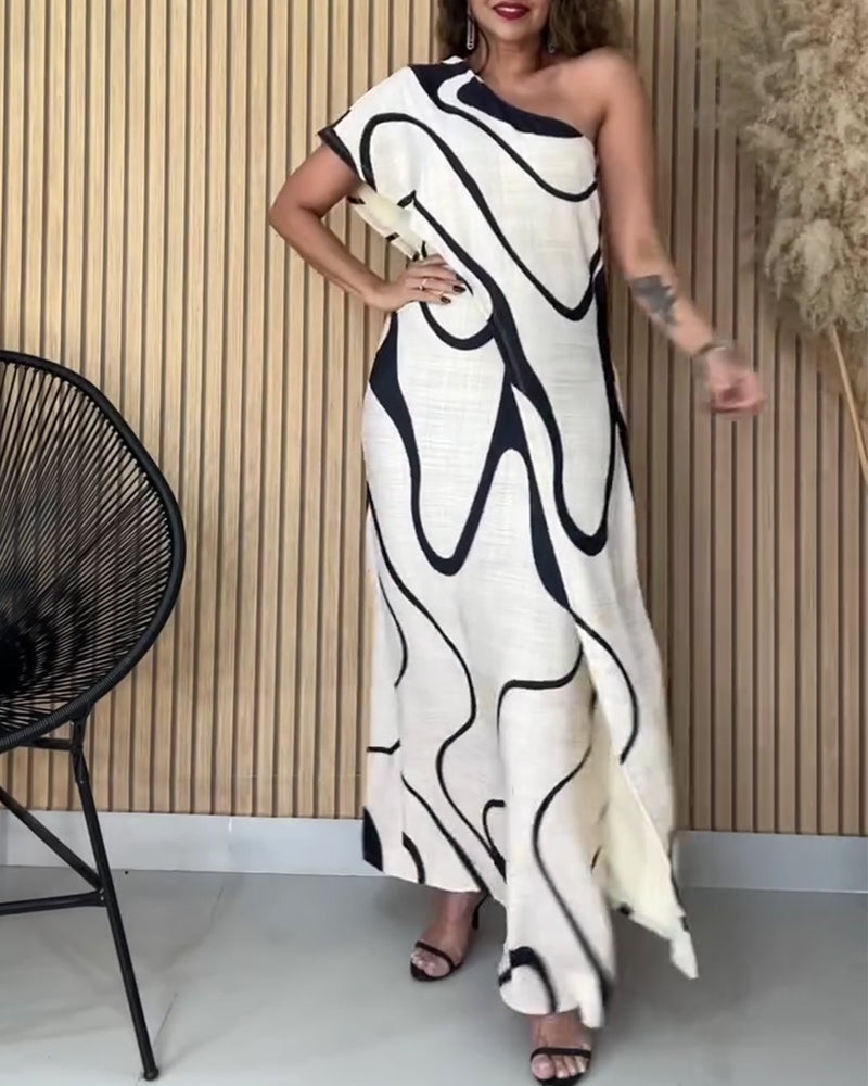 Klänning Volang Off-Shoulder Geometriskt Tryck Mode