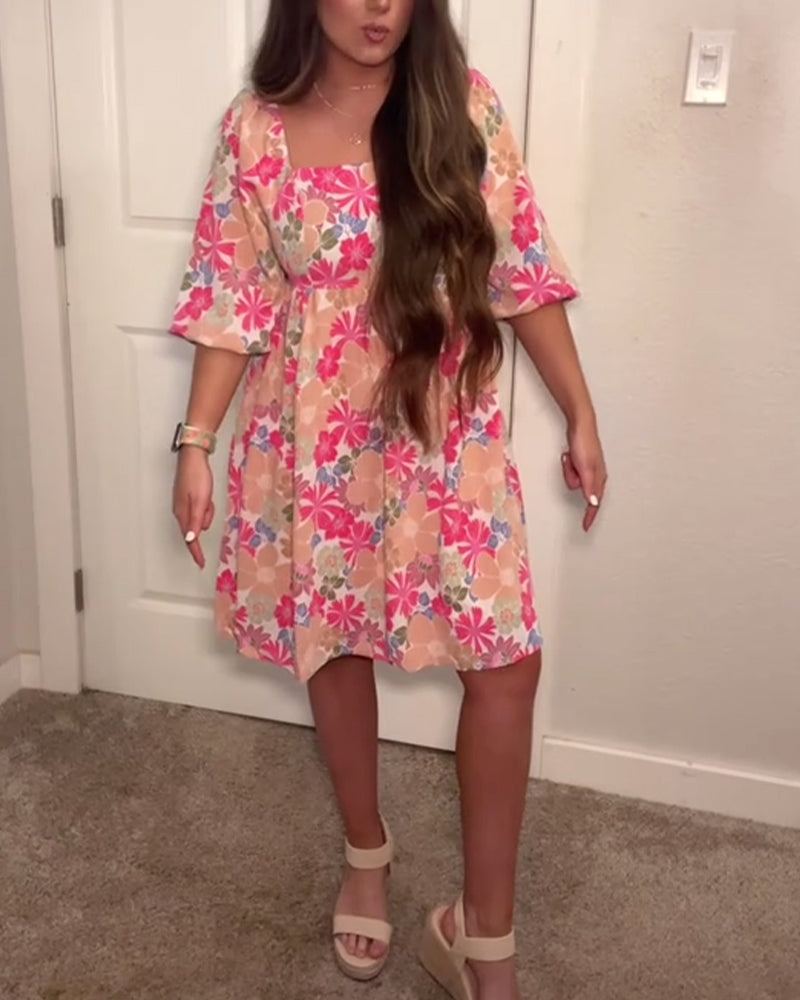 Klänning Fyrkantsringning Puffärm Babydoll