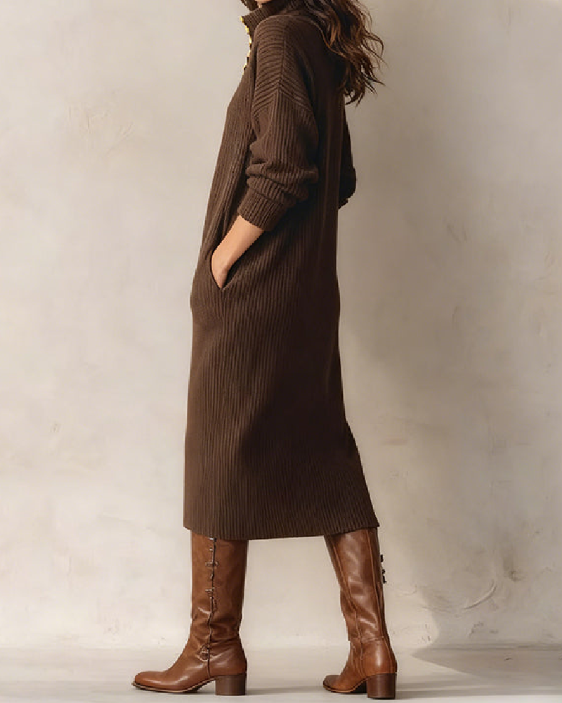 Klänning Med Hög Hals Design, Knapp Detalj Och Spaltad Nederkant