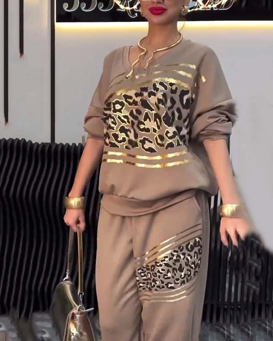 Set Leopardmönster Avslappnad Sweatshirt