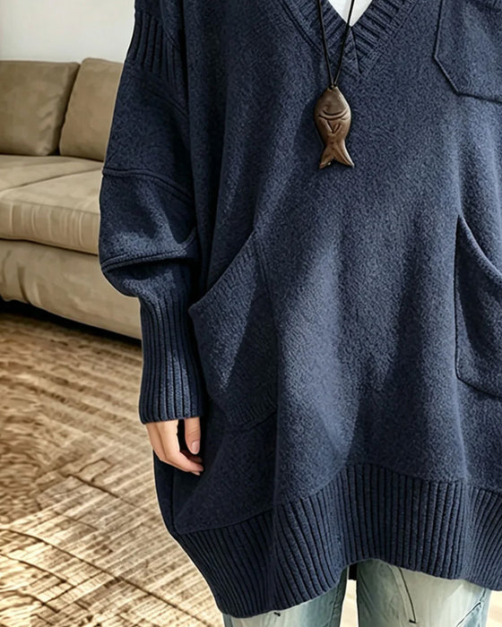 Pullover V-Hals Ficka Lång