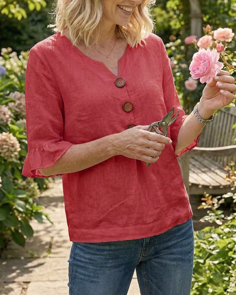 Blusar Enfärgad Bomullslinne Träknappar Rynkningar