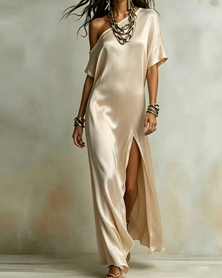 Klänning Satin Enaxlad Slits Maxi
