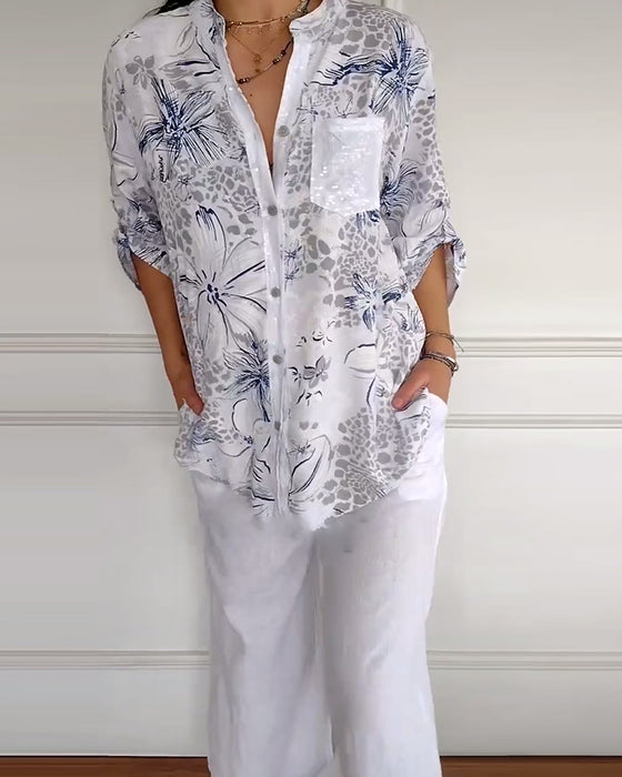 Skjorta Ståkrage Tryckt Ficka