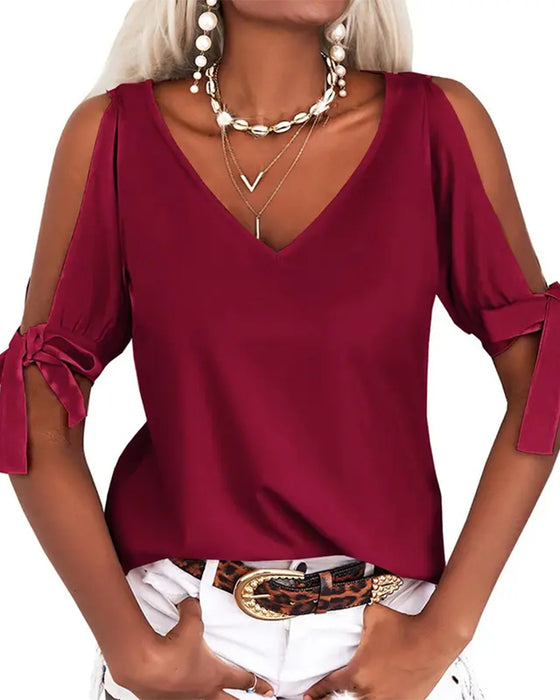 Blus V-Hals Cold Shoulder Enfärgad Knyt
