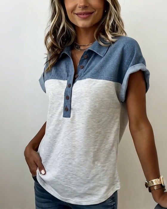 T-Shirt Knäppning Patchwork Nedfällbar Krage