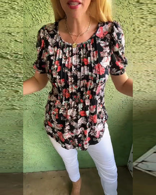 Blus Rund hals Puckad ärm Veckad Blommig