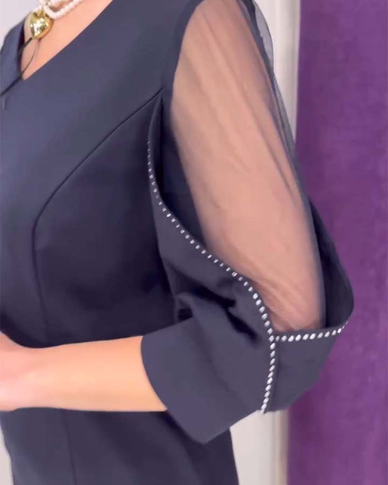 Klänning Halvärmad V-ringning Rhinestone Sömnad