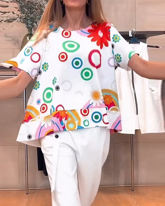 Tryckt rund halsad kortärmad avslappnad topp