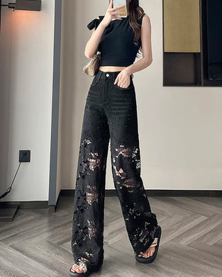 Jeans Dam Strass Utskärning Bred Benslut