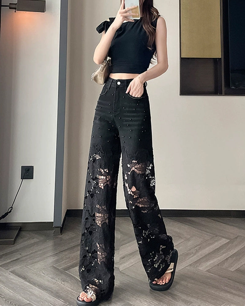 Jeans Dam Strass Utskärning Bred Benslut