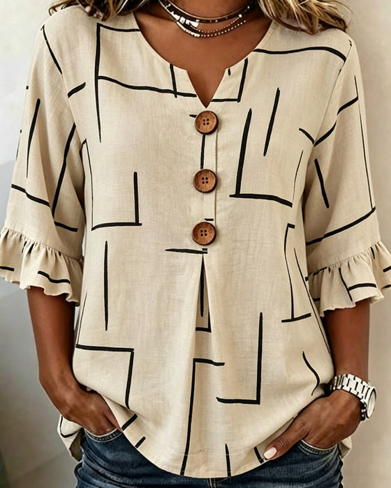 Blus Rynkad Ärm Randigt Print