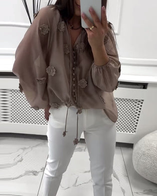 Blus Enfärgad 3D-Blommig Snörning