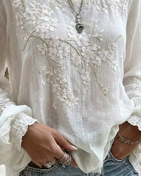 Blus Texturerad Körsbärsblom Broderad Rundhalsad