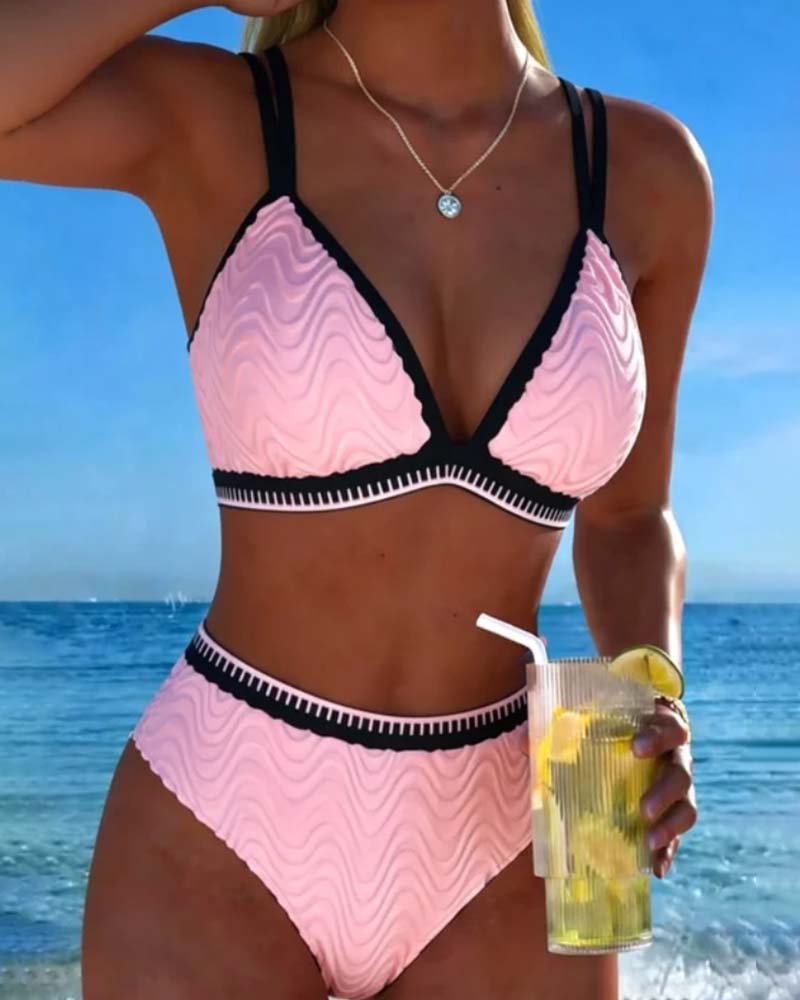 Bikini Färgblock Dubbelrem Texturerad