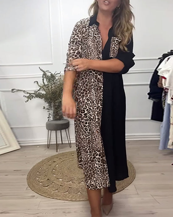 Lapel klänning i leopardmönstrad patchwork