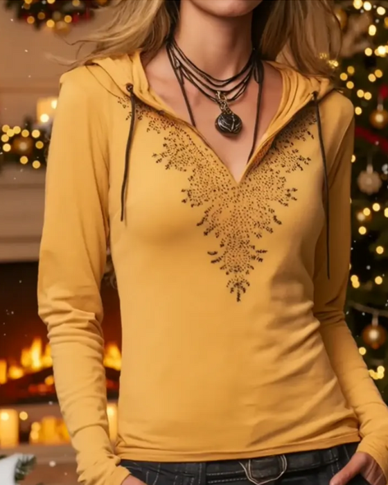 Topp Med Huva Casual Långärmad Tryckt