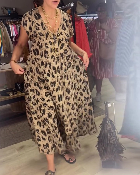Klädning V-Hals Leopard Kort Ärm
