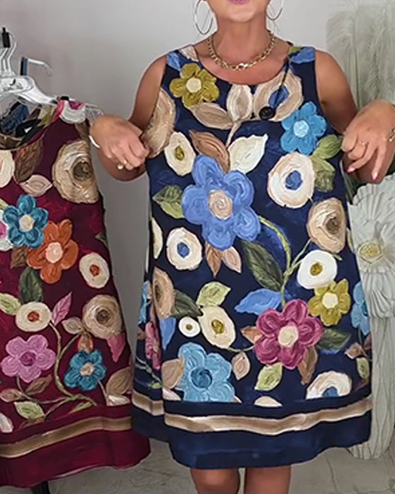 Klänning Oljemålning Blommig Ärmlös Rak