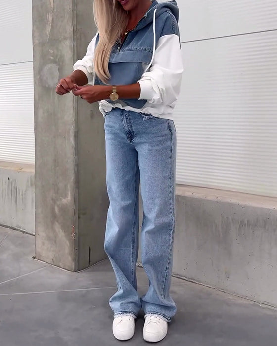 Avslappnad luvtröja med lapptäcke i denim med dragkedja