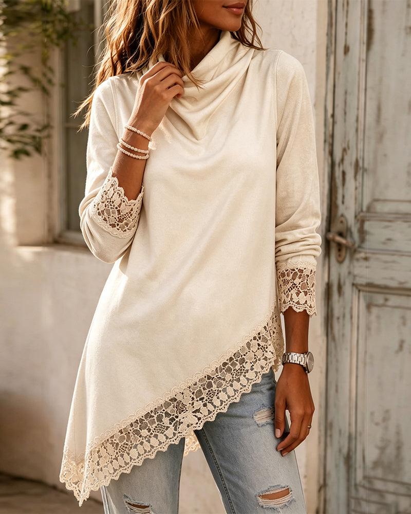 Topp Mock Neck Spets Patchwork Oregelbunden